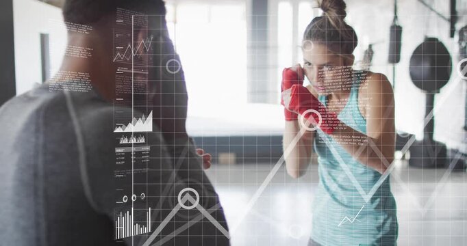 Boxing coach shifting mitts inward, boxer stepping and throwing jabs while HUD charts tracking