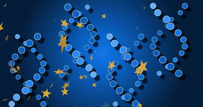 Blue disc chains reconfiguring and looping with star cluster drifting across frame, showing depth