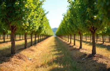 Fototapeta premium Young hazel trees grow in neat rows within sunny orchard. Green foliage creates natural tunnel effect down grassy path. This agricultural landscape shows potential for hazelnut harvesting soon.
