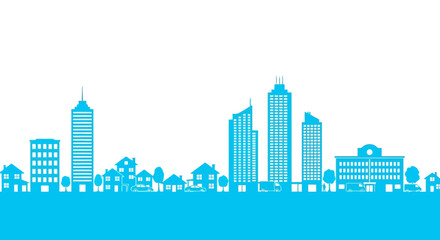 City skyline silhouette with various buildings including high-rises and houses under a clear blue sky © Stephen