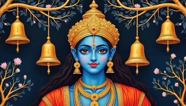 Traditional Pichwai art shows Hindu deity Shrinathji. Golden bells hang from ornate branches adorned with pink flowers. Rich blue, gold palette creates sacred atmosphere. Divine portrait celebrates