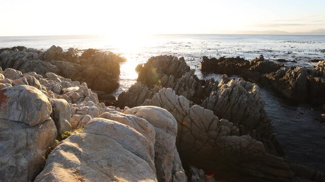 Rocky coastline of DeKelders overlooking the Atlantic Ocean, South Africa