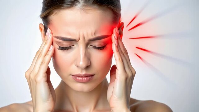 Close portrait of woman pressing temples with red highlight illustrating headache migraine pain