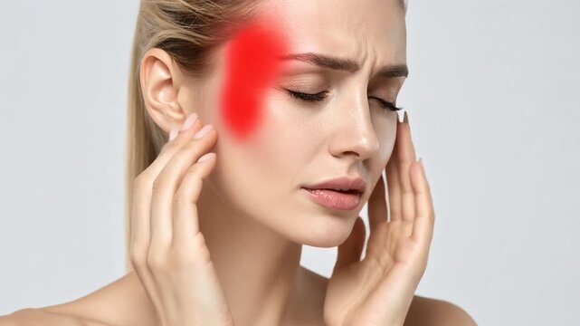Close view of woman pressing temples showing severe headache stress and migraine symptom concept