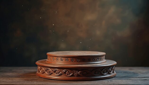 Two tiered antique wooden pedestal on rustic table. Ornate carving decorates circular display stand. Dark moody background with dust particles floating.