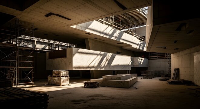 Modern Architecture Under Construction with Dramatic Lighting