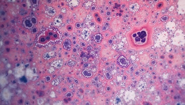 Microscopic view of glioblastoma cells showing necrosis and infiltration. Pink and purple stained tissue reveals abnormal cell structures indicative of brain tumor growth and damage.