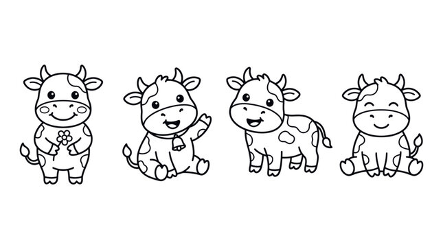 Cute cow outline icon set in kawaii cartoon line art style