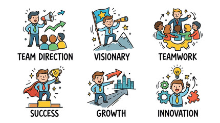 Fototapeta premium Business leadership doodle icon set in colorful hand drawn cartoon style