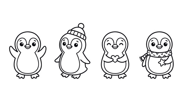 Cute penguin outline icon set in kawaii cartoon line art style