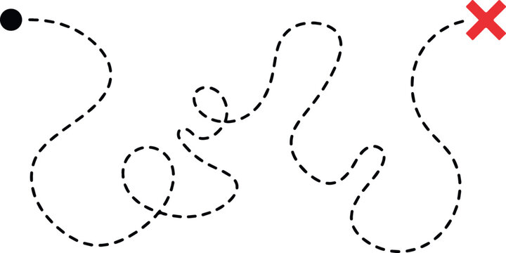 A winding, dotted black line travels from a starting point (black dot) to an endpoint (red X), representing a journey, complex path, problem-solving, or an indirect route.