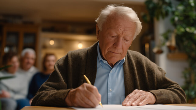 Elderly man signs estate planning documents at lawyer's office desk while adult children watch from chairs behind, pen poised over paper, serious expressions, perfect for inheritance planning and mo