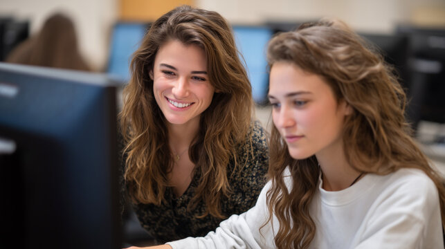 Digital wellness coordinator training faculty on cyberbullying detection algorithms in school computer lab, machine learning pattern recognition identifying at-risk communications, perfect for preve