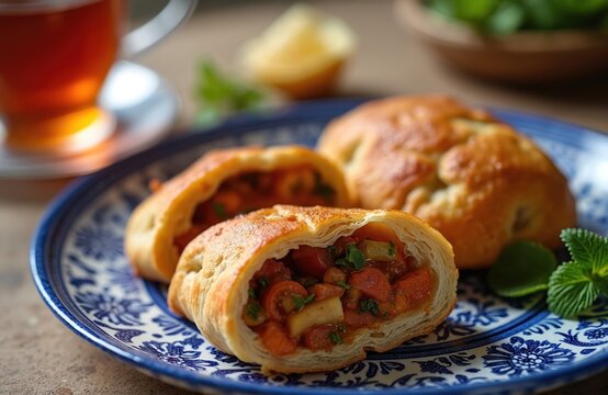 Whole and halved baked Moroccan batbot stuffed with tomatoes and herbs. Served on blue patterned plate with tea glass and mint leaves nearby. Delicious pastry filling creates appetizing contrast.