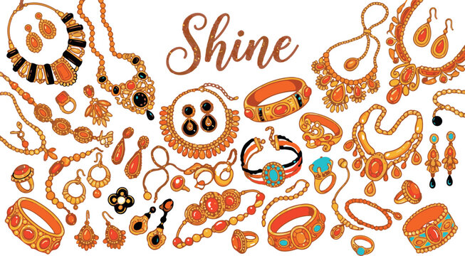 A lavish collection of exquisite golden jewelry, including necklaces, earrings, bracelets, and rings, adorned with vibrant gemstones, artfully arranged around the word "Shine."