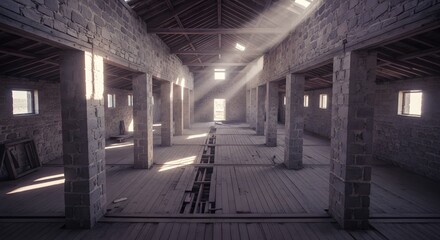 Fototapeta premium Abandoned Building Interior with Sunlight Beams