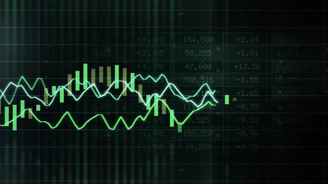 A video showcasing a green line graph on a black background with data points and trends in a digital video format.