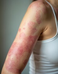 Fototapeta premium Woman arm shows widespread red patches of allergic reaction and dermatitis. Skin condition causes irritation and discomfort. Medical help needed for this skin disease.