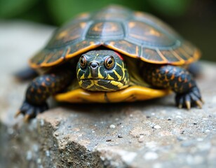 Fototapeta premium Small red eared slider turtle sits on concrete. Yellow belly reptile has black shell with orange markings. Plants blurred background shows nature habitat.
