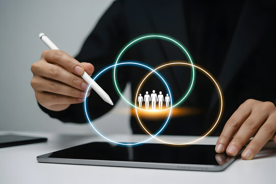 Human Resources Analytics and Strategic Workforce Management with Professional Businessman Using Digital Tablet and Stylus to Manage Employee Performance Groups and Organizational Talent Selection