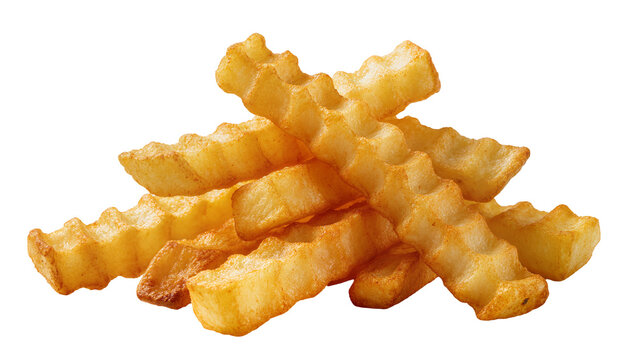 Golden crinkle cut french fries pile, crispy potato strips isolated on transparent background