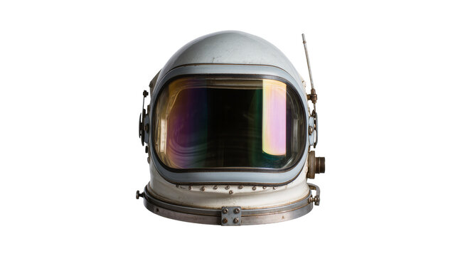 Vintage astronaut helmet with reflective visor, isolated on transparent background