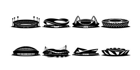 A collection of stadium outlines showcases diverse architectural designs presented as striking black silhouettes high quality professional detailed modern elegant stylish