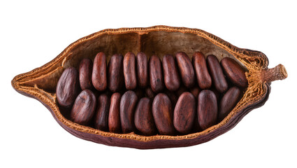 Naklejka premium Open cocoa pod revealing numerous dark brown beans, isolated on transparent background