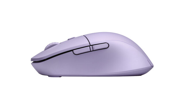 Ergonomic lavender computer mouse with scroll wheel and buttons, isolated on transparent background