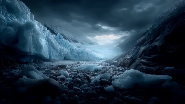 Winter season adventure exploration. A dramatic, atmospheric portrayal of a frozen landscape. The main subject is a large, jagged glacier with intricate ice formations, illuminated by a soft.