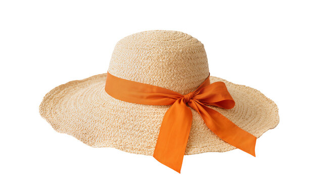 Woven straw sun hat with orange ribbon bow, isolated on transparent background