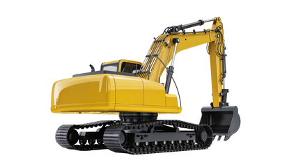 Yellow excavator with black tracks and bucket, isolated on transparent background © Miguel