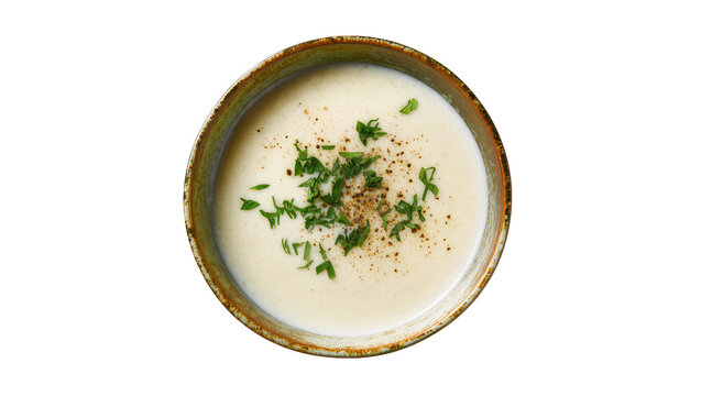 Creamy white soup with fresh parsley and cracked black pepper, isolated on transparent background