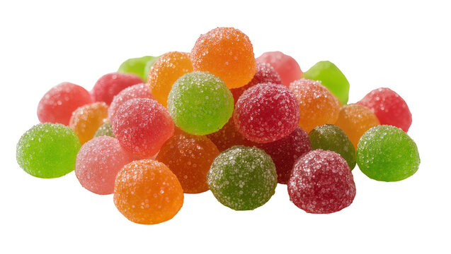 Pile of colorful gumdrop candies covered in sugar, isolated on transparent background