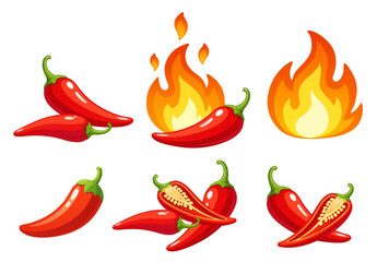 Red chili pepper vector set with whole sliced and burning peppers with flame icons representing spicy food heat levels