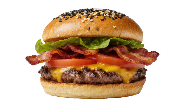 Juicy beef burger with melted cheese bacon tomato lettuce, isolated on transparent background