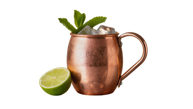 Hammered copper Moscow Mule mug with ice mint and lime, isolated on transparent background