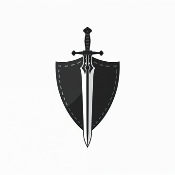 Black medieval shield with ornate sword. Military emblem or symbol. Protection and combat concept graphic. Weaponry and defense abstract icon.