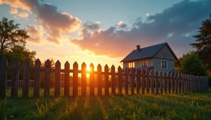 Obraz premium Wooden fence at sunset. House in background. Sun shines through fence slats, casting warm light. Evening sky with clouds. Peaceful suburban scene.