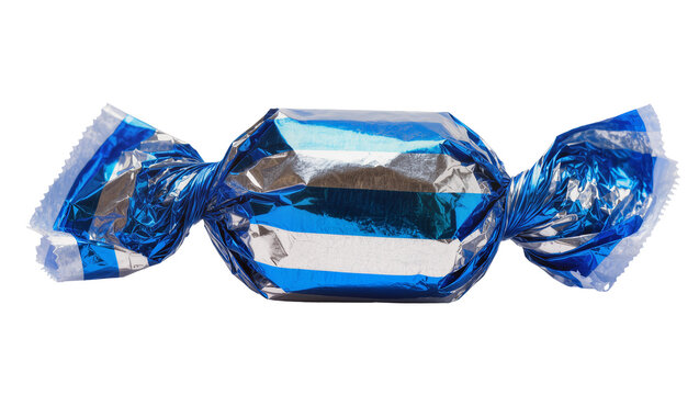 Blue and silver striped candy wrapper tied at ends, isolated on transparent background