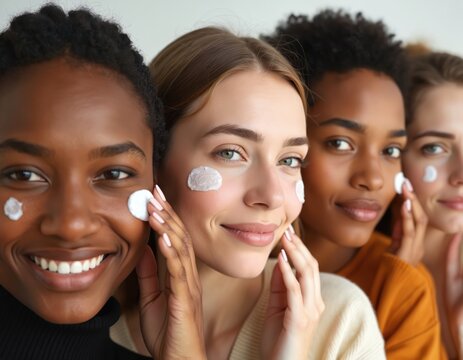 Diverse women apply white facial cream. Skincare routine for healthy skin glow. Different skin types embrace beauty products for smooth, radiant complexions and proper face hydration.