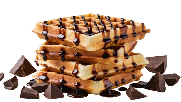 Stack of golden waffles drizzled with dark chocolate syrup, isolated on transparent background
