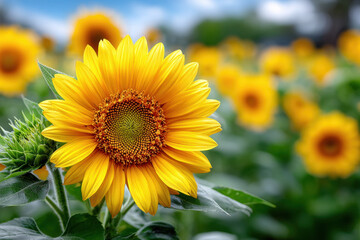 Obraz premium Close Up of Sunflower in Field with Blurred Background