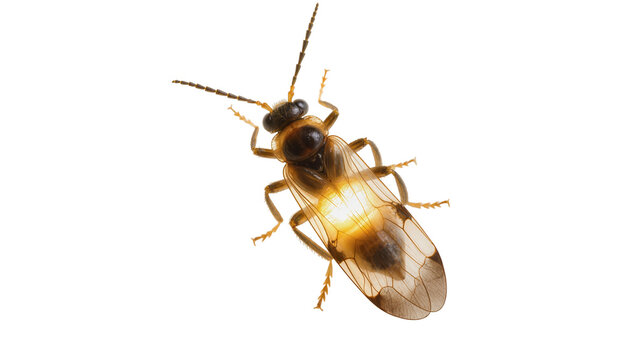 Brown winged insect with glowing abdomen, isolated on transparent background