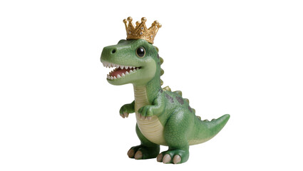 Fototapeta premium Green toy dinosaur wearing a golden crown, isolated on transparent background