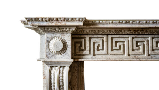 Ornate marble fireplace mantel with Greek key pattern, isolated on transparent background