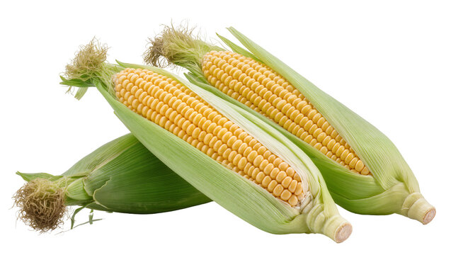 Three fresh yellow corn cobs with green husks, isolated on transparent background