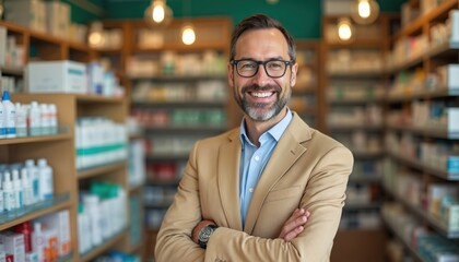 Obraz premium Smiling man wearing glasses and beige jacket in pharmacy. Shelves with medicines and health products are behind him. He offers assistance and advice to customers.