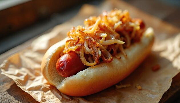 Hot dog with onions and sauerkraut on wooden table. Gourmet sausage in bun served on paper. Delicious street food with savory toppings, perfect quick meal.