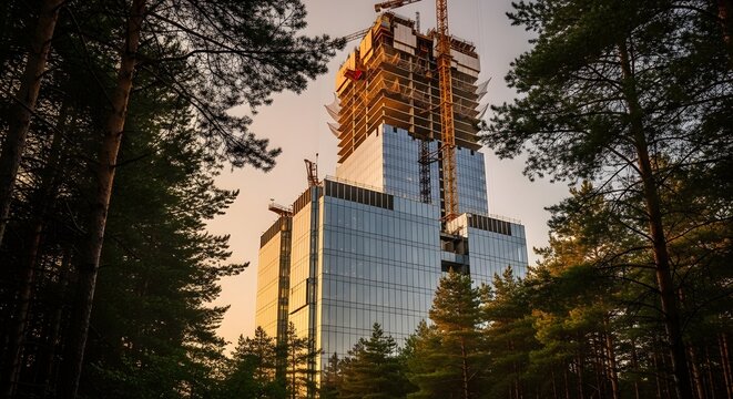 Modern Skyscraper Construction in Forest at Sunset